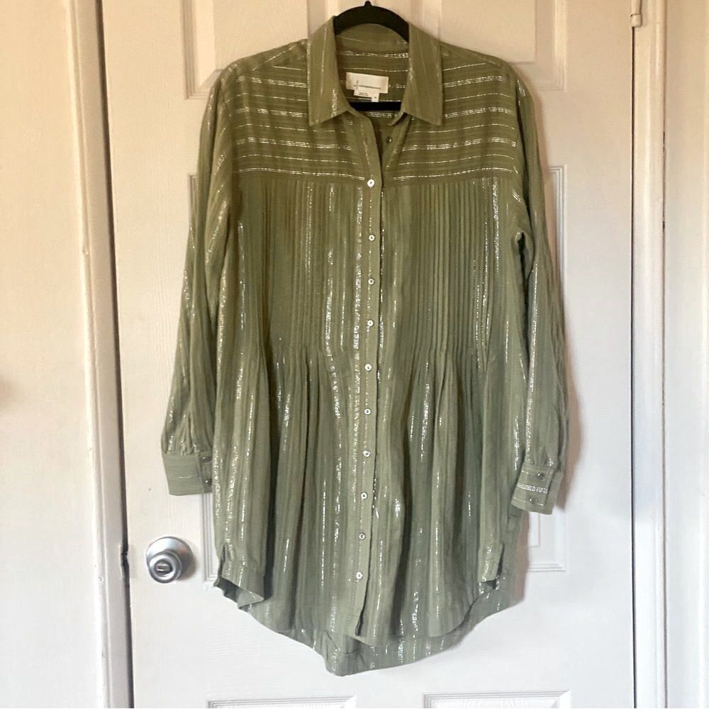 Anthropologie Green Metallic Shirtdress